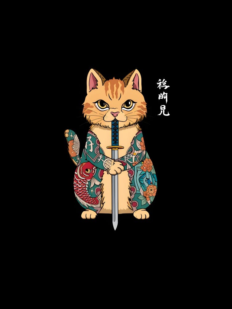 Japanese Tattooed Cat with Katana - Unique Feline Warrior