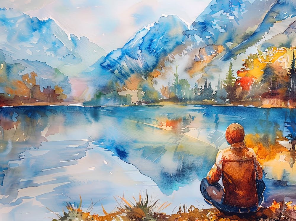 Watercolor Of A Woman By A Lake
