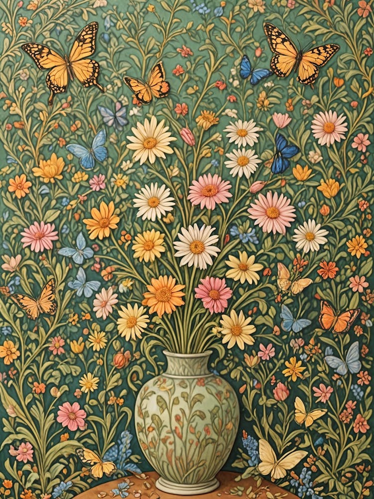 Butterflies and Flowers In A Vase