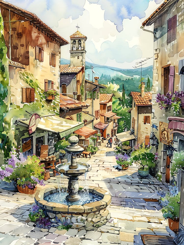 Watercolor Of Italian Village