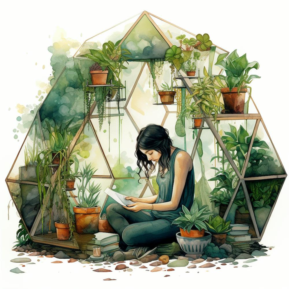 Girl Reading In A Terrarium Greenhouse With Plants Watercolour