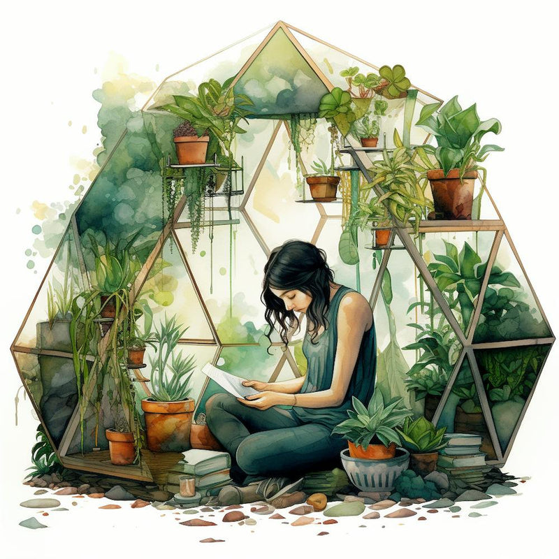 Girl Reading In A Terrarium Greenhouse With Plants Watercolour