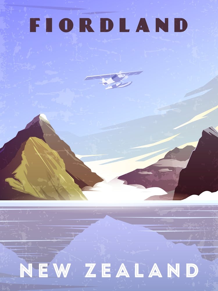 Fiordland, New Zealand — Retro travel minimalist poster