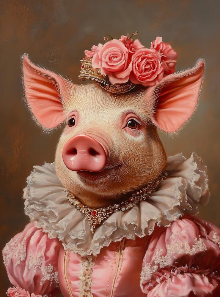 Royal Lady Pig Vintage Portrait, Victorian Animal Print, Dressed Cute Farm Animal Altered Art, Renaissance Animal , Pet Lover Gift