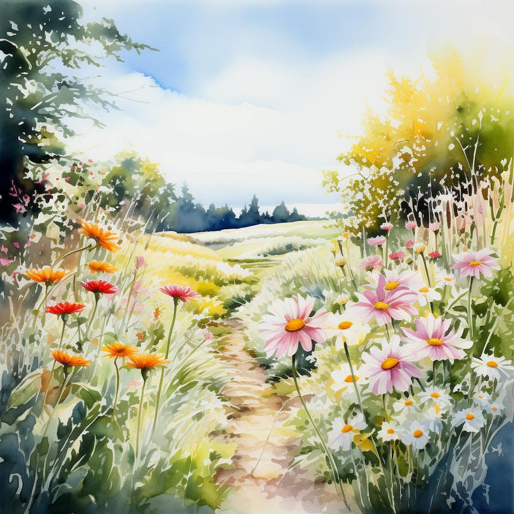 Watercolor Of A Path of Flowers