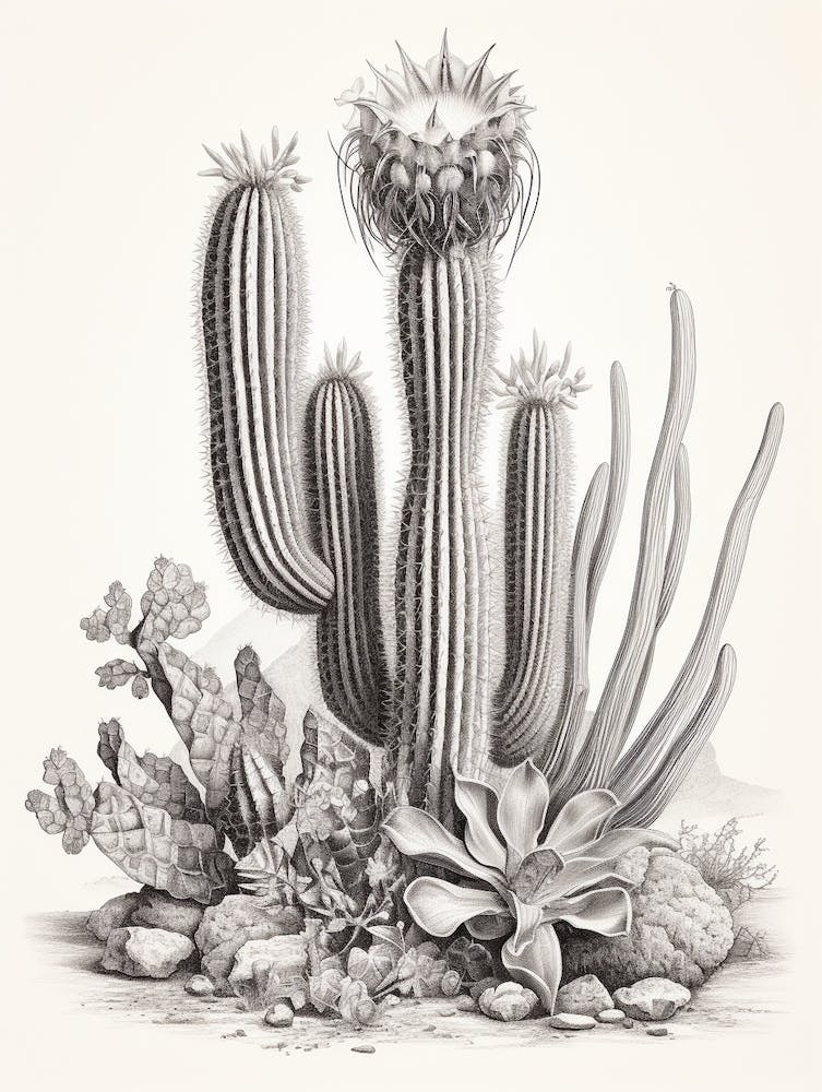 Illustration de Cactus Vintage Cactus Zèbre N&B