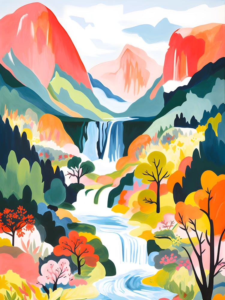 Colorful Mountain Landscape – Vibrant Waterfall Scene, Modern Nature Art, Abstract Scenic Painting