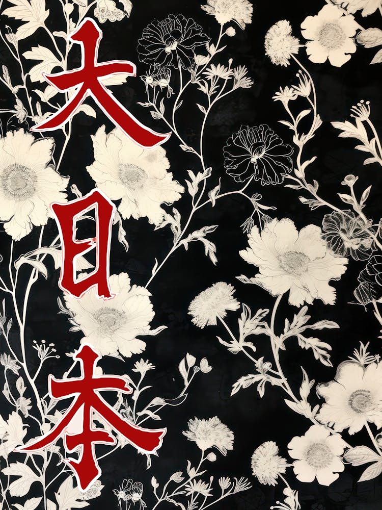 Hokusai Great Japan Poster Monochrome Flowers 6