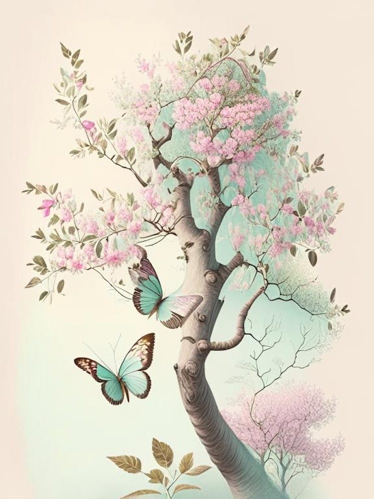 Butterfly In Tree Vintage Pastel 1