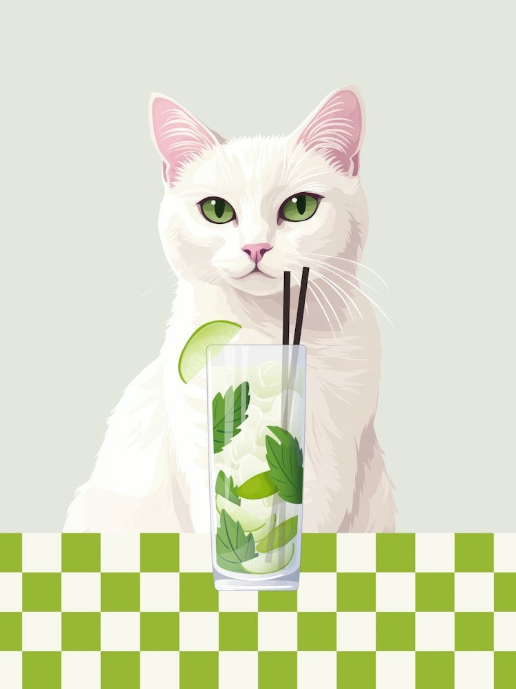 white cat with mojito cocktail art in a girly aesthetic, trendy wall art in green perfect for kitchens, bar carts, coffee bars and living rooms, 50s sytle vintage inspired minimalist illustration of a cute cat with drink