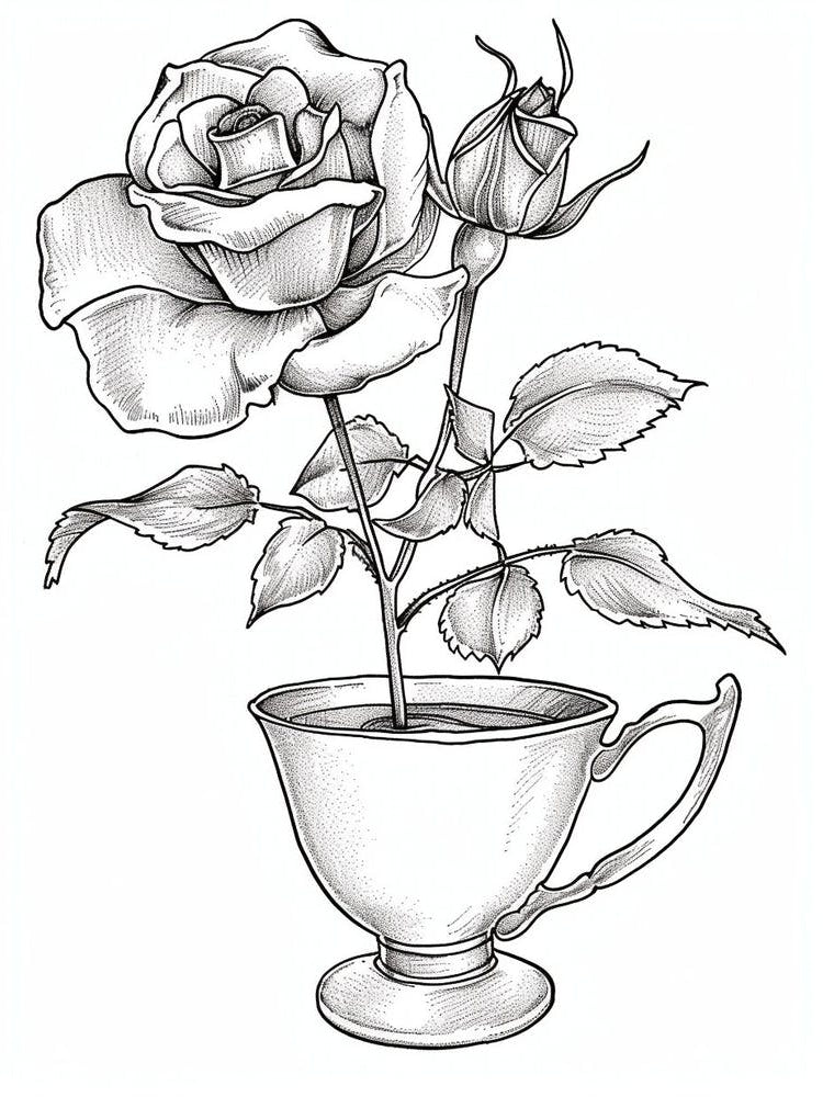 Rose In A Tea Cup Line Drawing 1