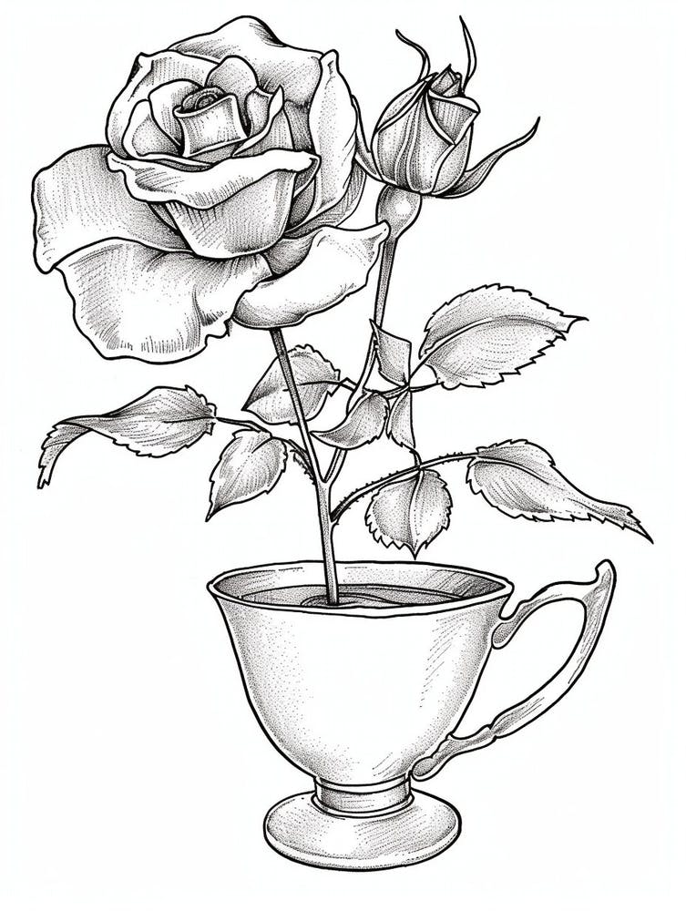 Rose In A Tea Cup Line Drawing 1
