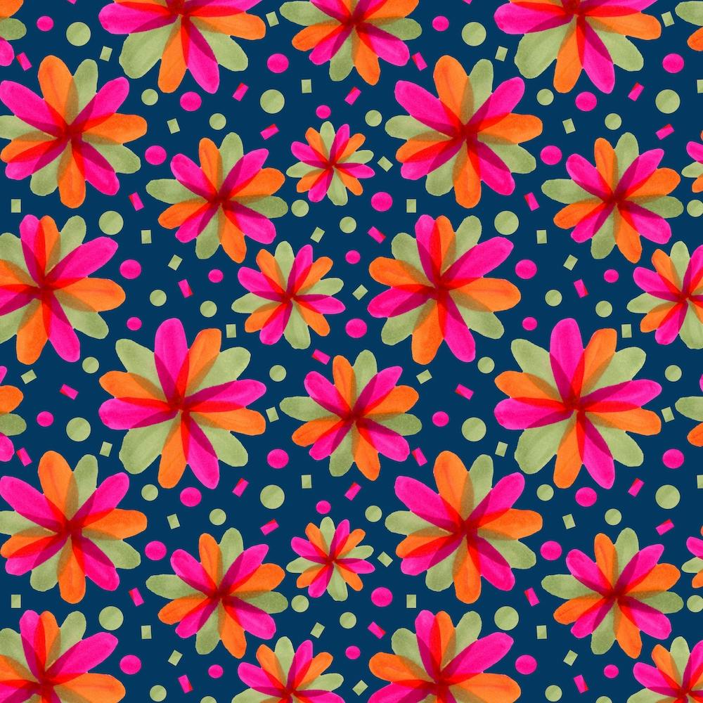 Floral Botanicals Magenta Green On Blue 1