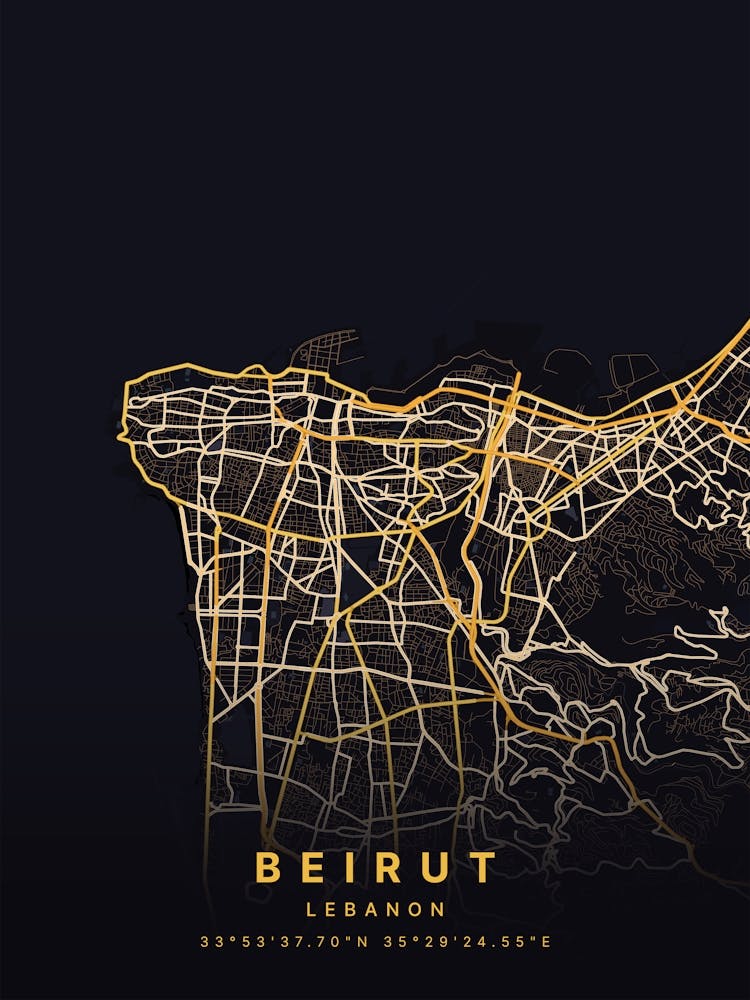 Beirut Lebanon Black And Gold Map