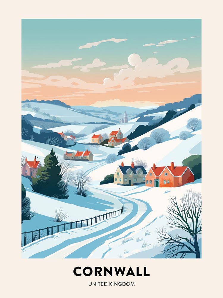 Vintage Winter-Reiseposter Cornwall Vereinigtes Königreich 3