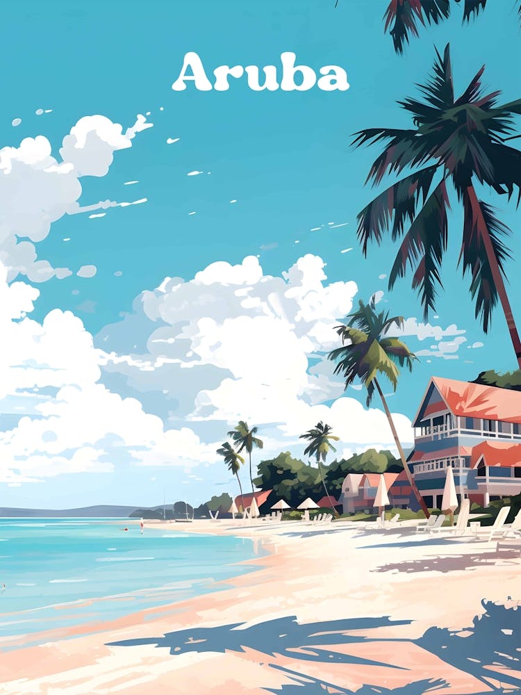 Aruba Street view Beach House Travel Illustration Art