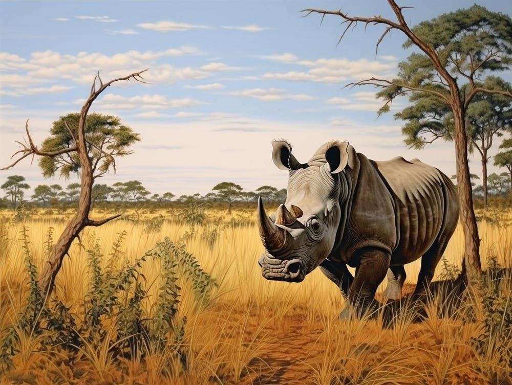 Black Rhinoceros Grazing In The African Savannah Realism 1