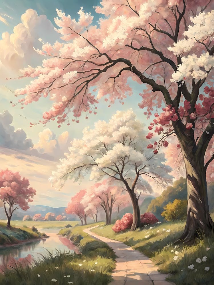 Oil Painting Style Pink Cherry Blossom Path Serene Spring Landscape
