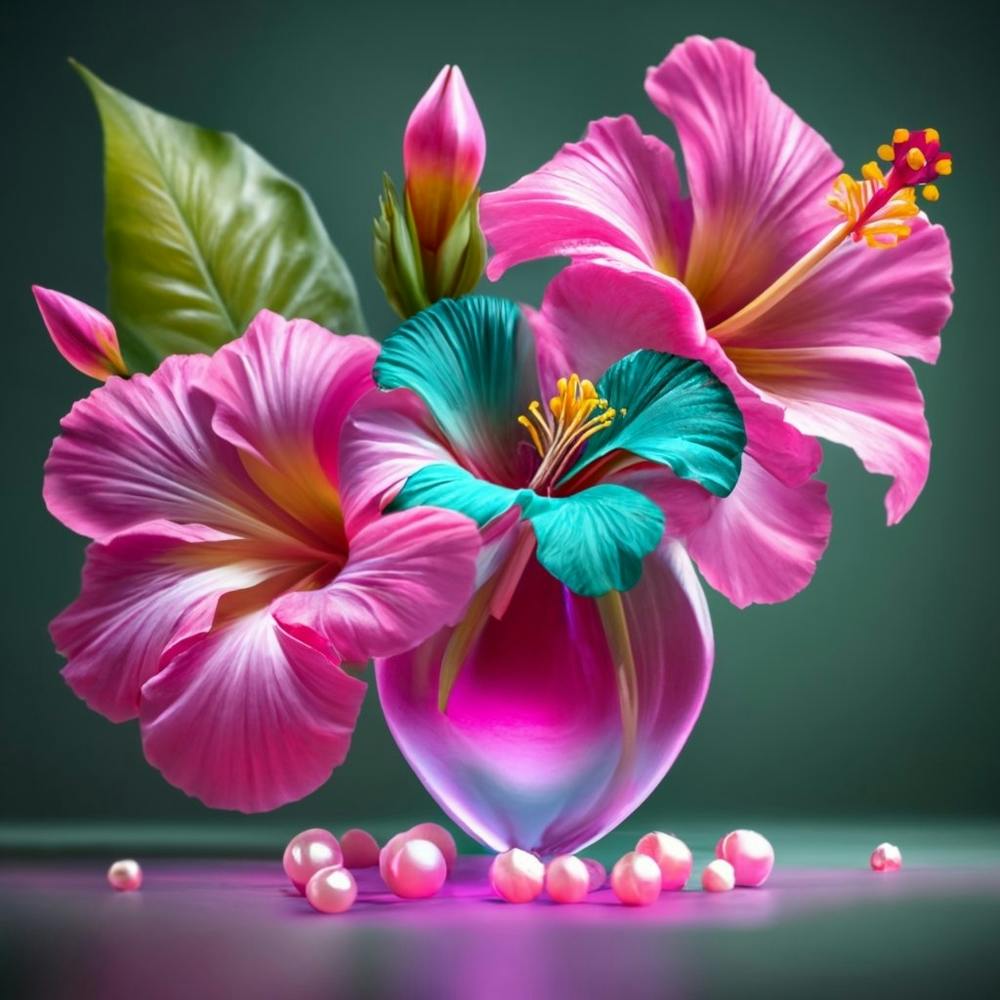 Pink Flowers In A Vase - Gisselypearls and hibiscus, 3d render .