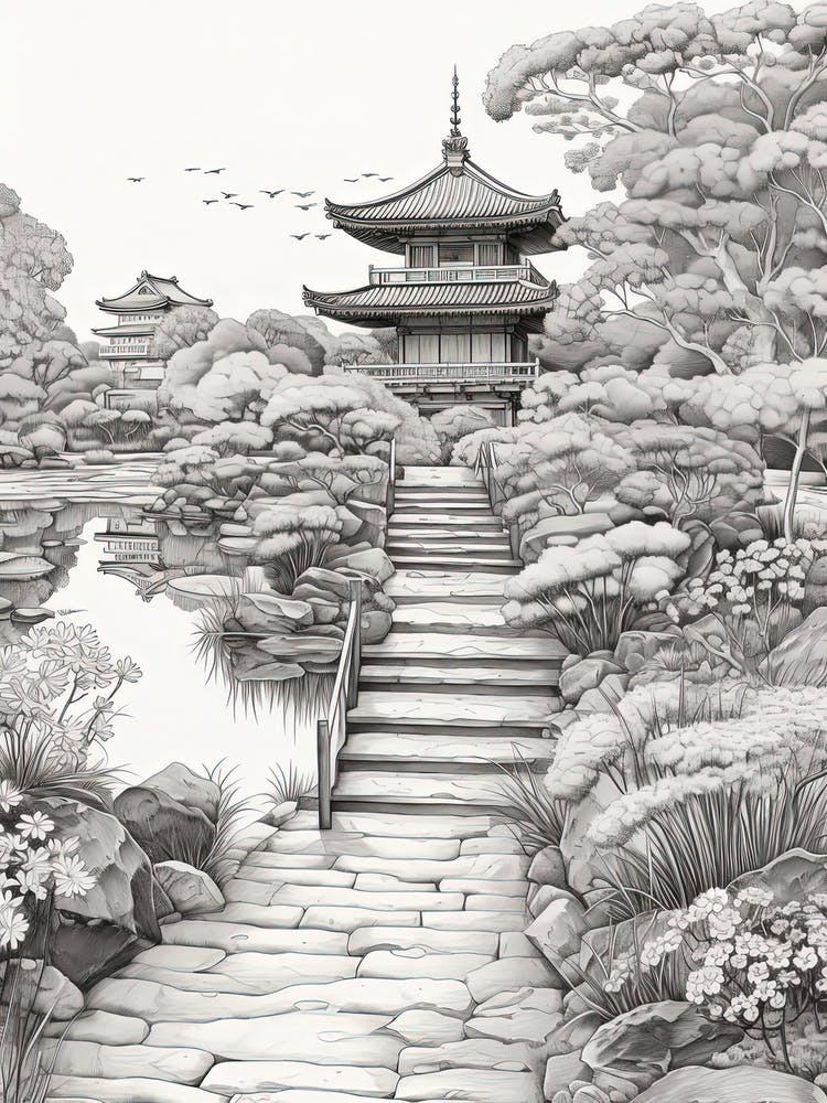Ritsurin Garden In Kagawa, Ukiyo E Black And White Line Art Drawing 2