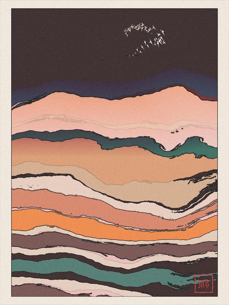 Abstrakte Sonnenuntergangslandschaft Inspiriert Vom Minimalistischen Japanischen Ukiyo-E-Malstil 7