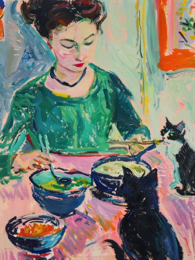 Portrait Of A Girl With Cats Eating Ramen 1
