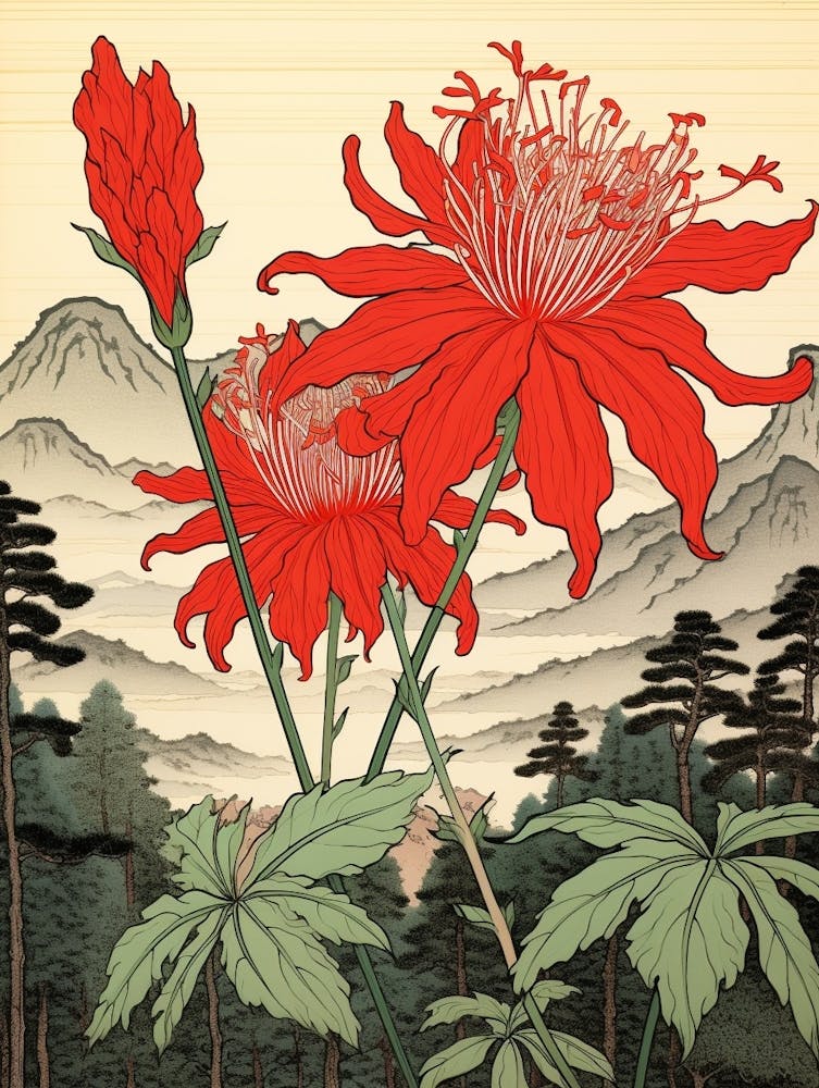 Higanbana Red Spider Lily 1 Japanese Botanical Illustration