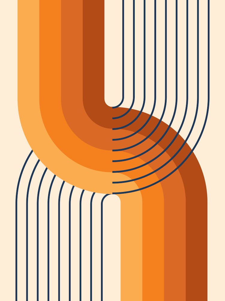 Midcentury Modern Geometric Rainbow Abstract V In Navy Blue Burnt Orange 01