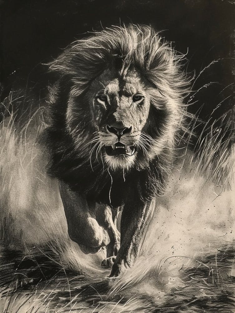 Barbary Lion Charcoal Drawing Hunting 2