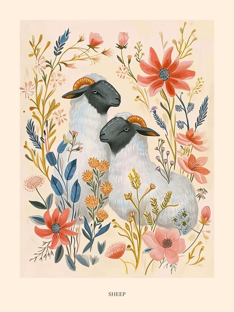 Folksy Floral Animal Drawing Sheep 2 Poster