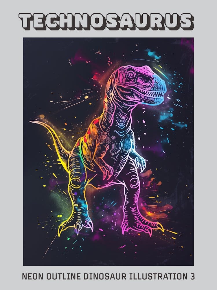 Neon Outline Dinosaur Illustration 3 Poster