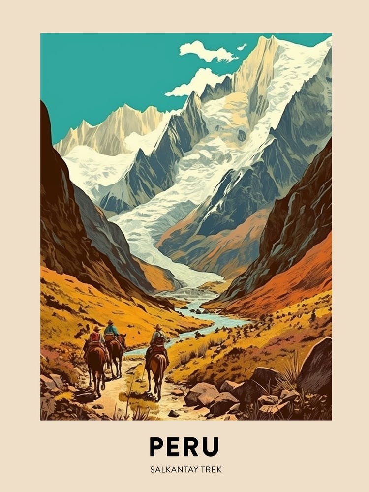 Salkantay Trek Peru Vintage Hiking Travel Poster