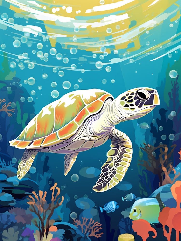 Block Colour Turtle Swimming Aqua 3