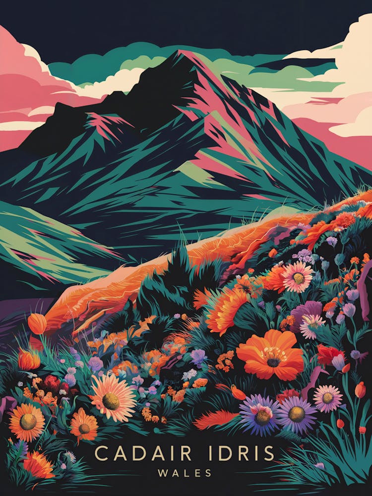Stilisierte Landschaftskunst: Lebendige Illustration von Cadair Idris mit farbenfrohen Wildblumen und kühnen geometrischen Formen. Perfekt für naturinspirierte Dekoration.