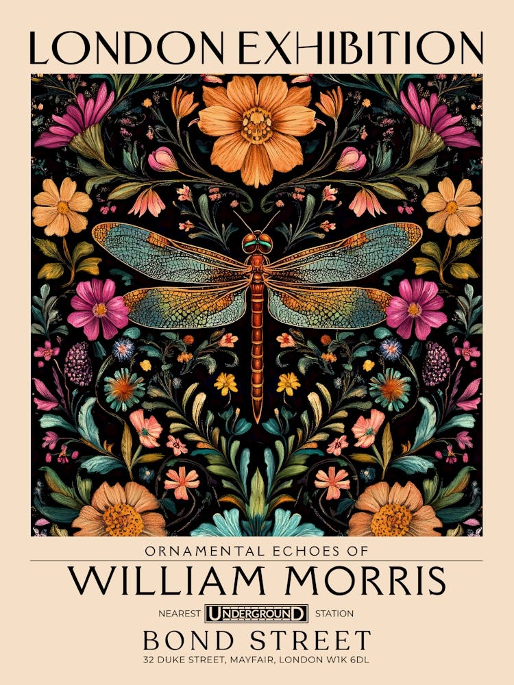 William Morris Dragonfly and floral artwork, insect and flower pattern vintage Botanical print for cottagecore, maximalist decor,floral tapestry Victorian nature illustration bedroom vintage decor 9