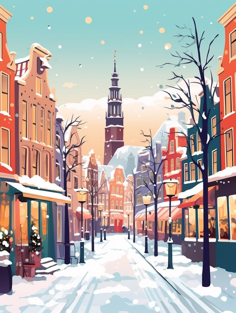 Vintage Winter Travel Illustration Amsterdam Netherlands 1