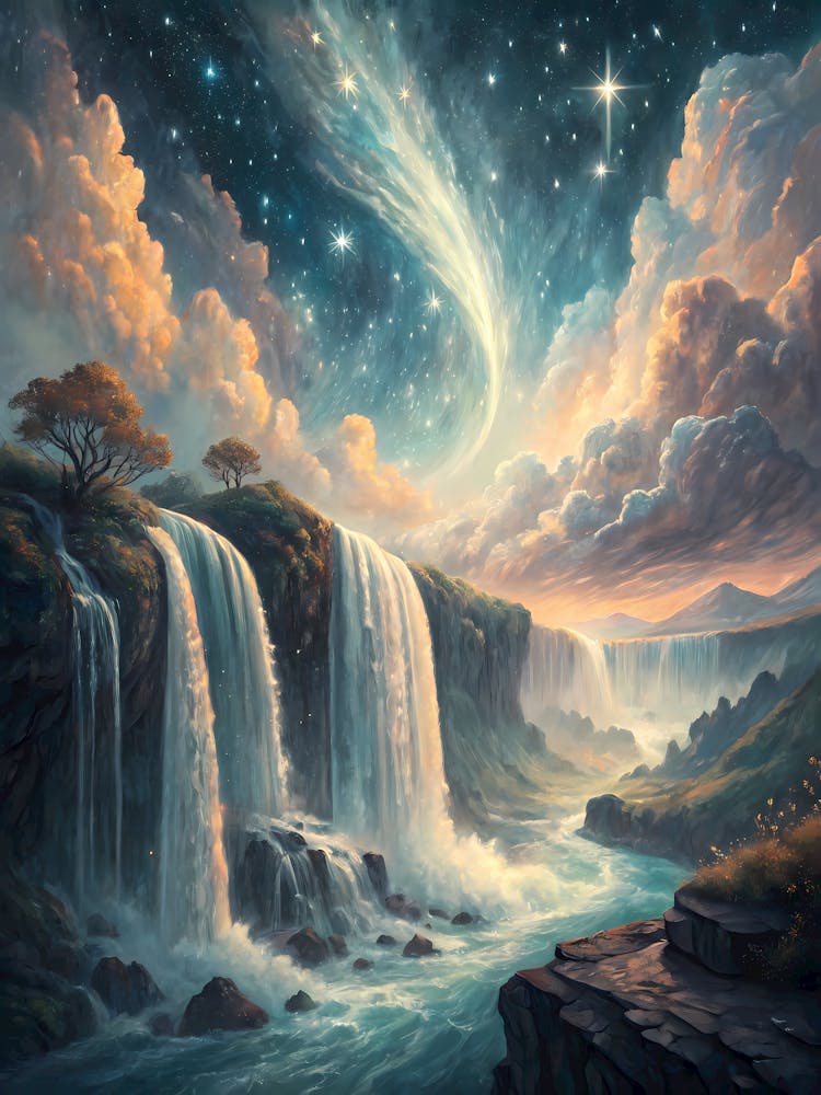Oil Painting Style Celestial Waterfalls Cosmic Landscape with Stars & Clouds