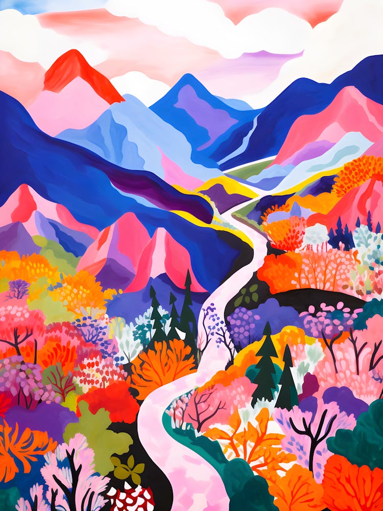 Vibrant Mountain River Landscape Colorful Abstract Nature Wall Art, Modern Scenic Painting
