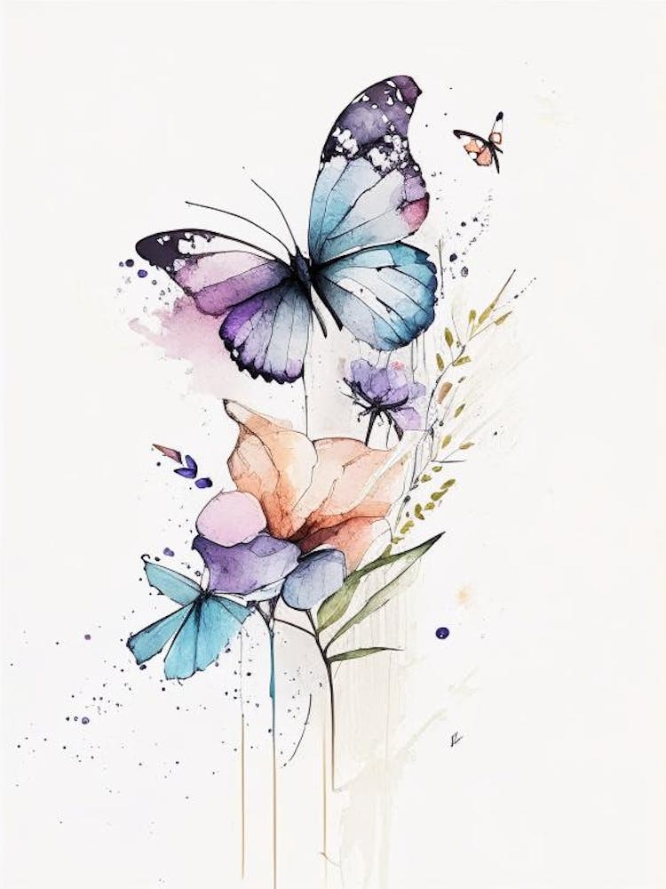 Papillon Et 1 Fleurs Symbole Aquarelle Minimale