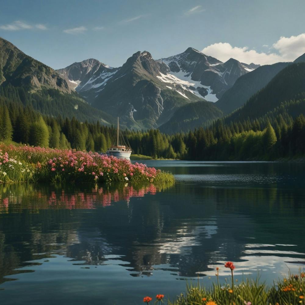 Mountain Lake With Flowers