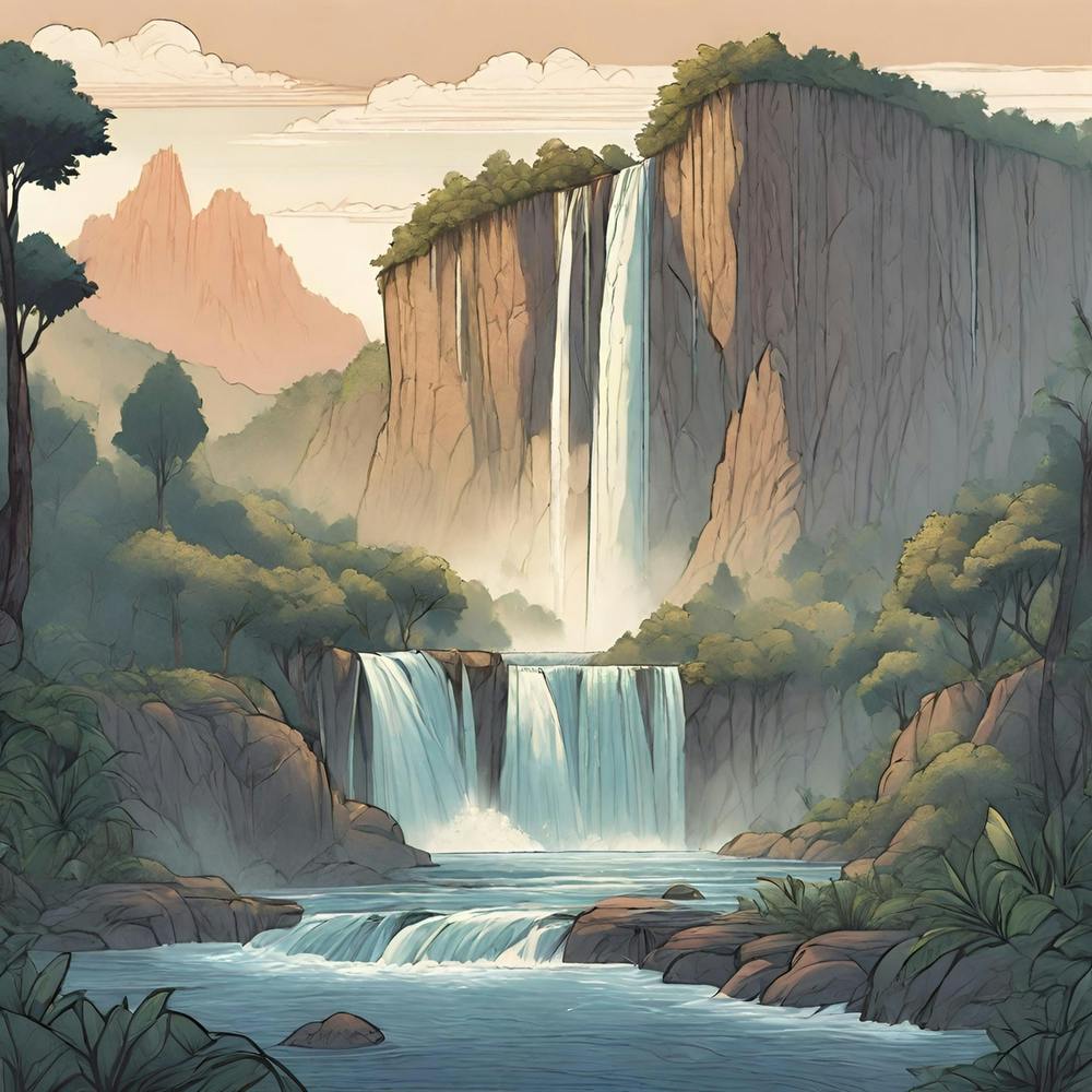 Beautiful natural landscape of waterfalls and mountains at dawn