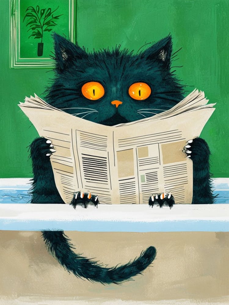 Whimsical Cat Reading Newspaper In Bathtub I