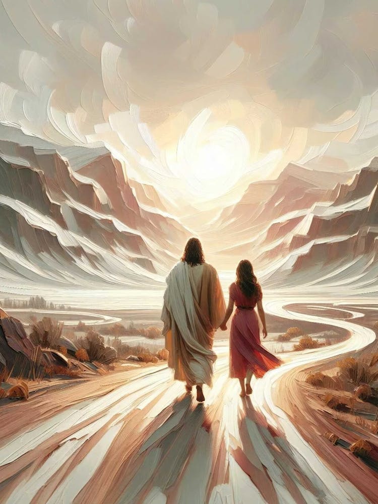 A Journey Of Faith, Christian Art, Jesus Walking With Woman, Jesus Painting, Lds Art, Bible Art, Jesus And Girl Art, Christian Painting Png