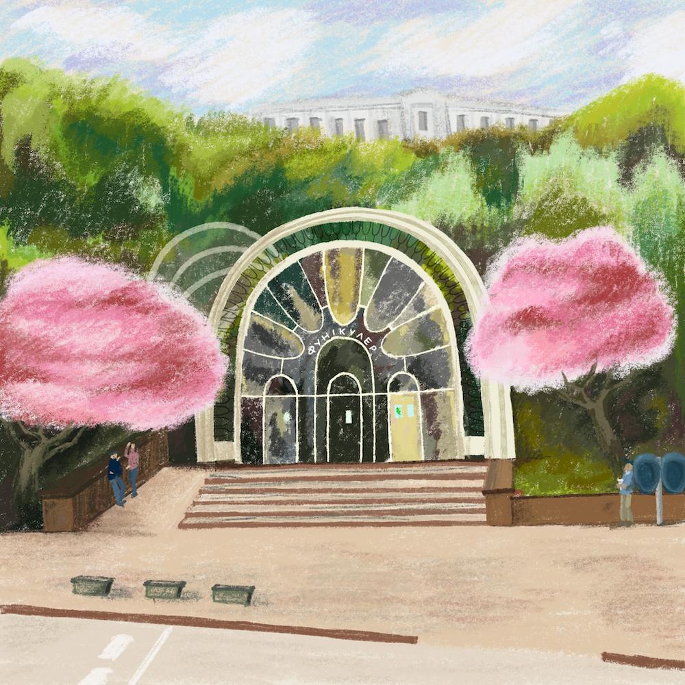 Cherry Blossoms And Kyiv Funicular