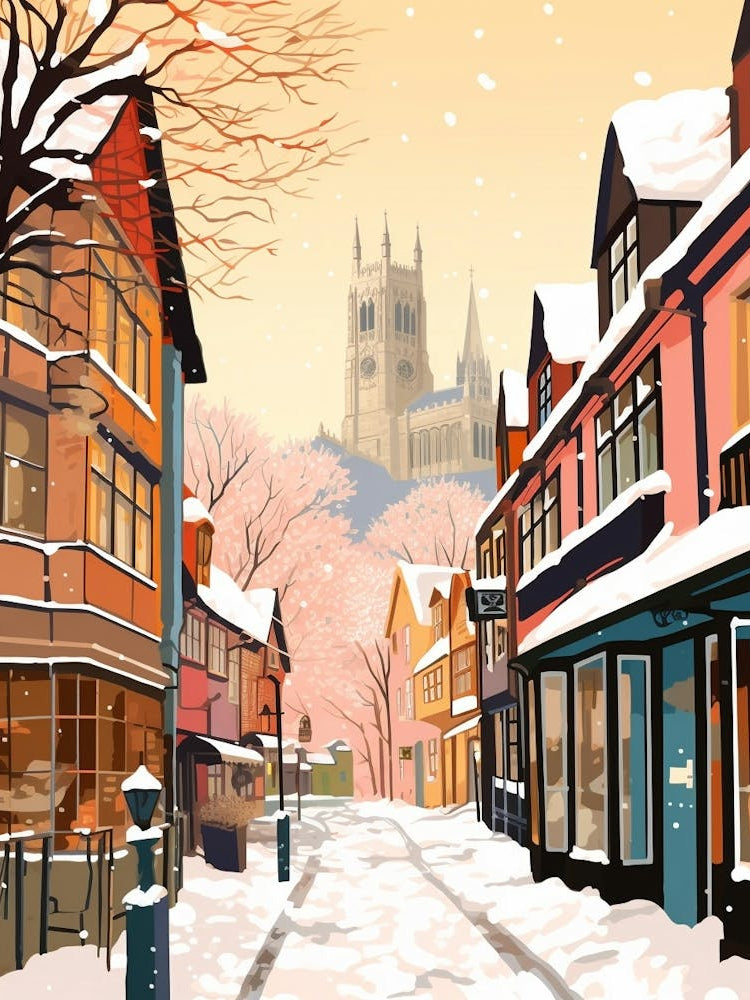 Vintage Winter Travel Illustration Canterbury United Kingdom 3