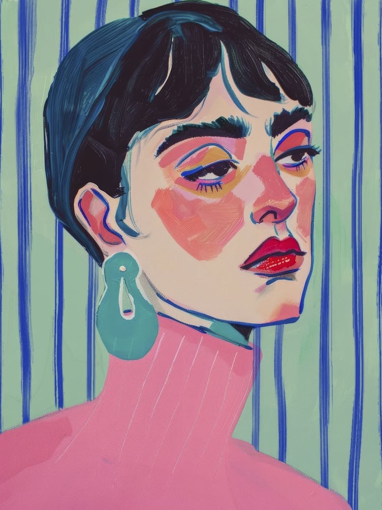 Woman with Pink Turtleneck Mint Earrings. Acrylic Portrait