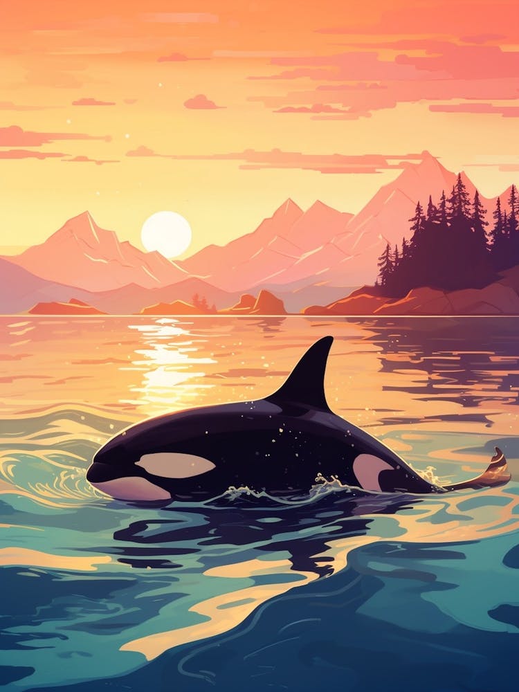 Modern Orca Whale Graphic Design Style In Sunset 1