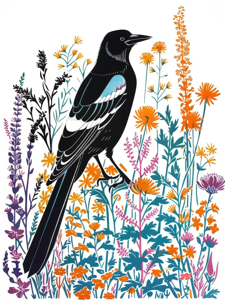 Magpie In The Wildflowers