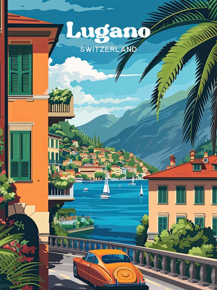 Lugano Switzerland Summer Art Illustration
