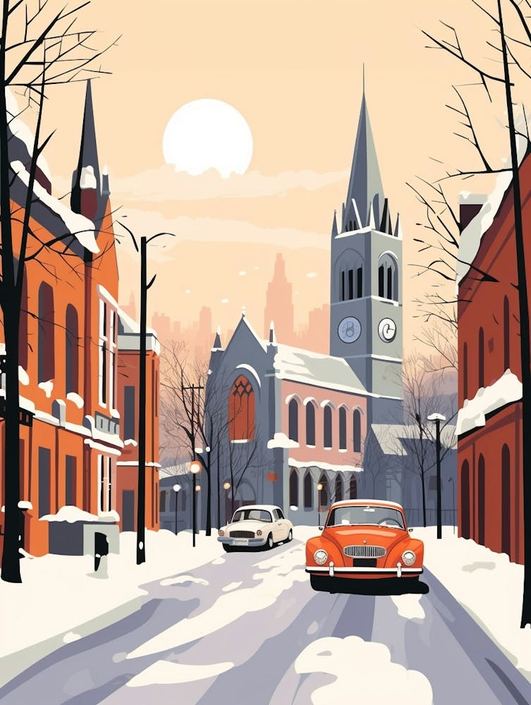 Vintage Winter Travel Illustration Manchester United Kingdom 10